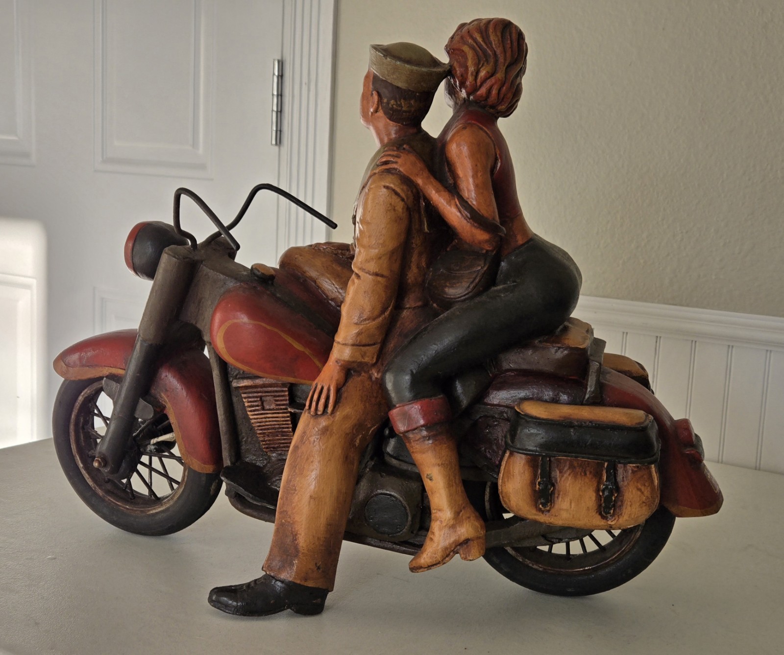 LARGE Wooden Sailor & Date Couple Riding Harley Davidson Motorcycle Sculpture