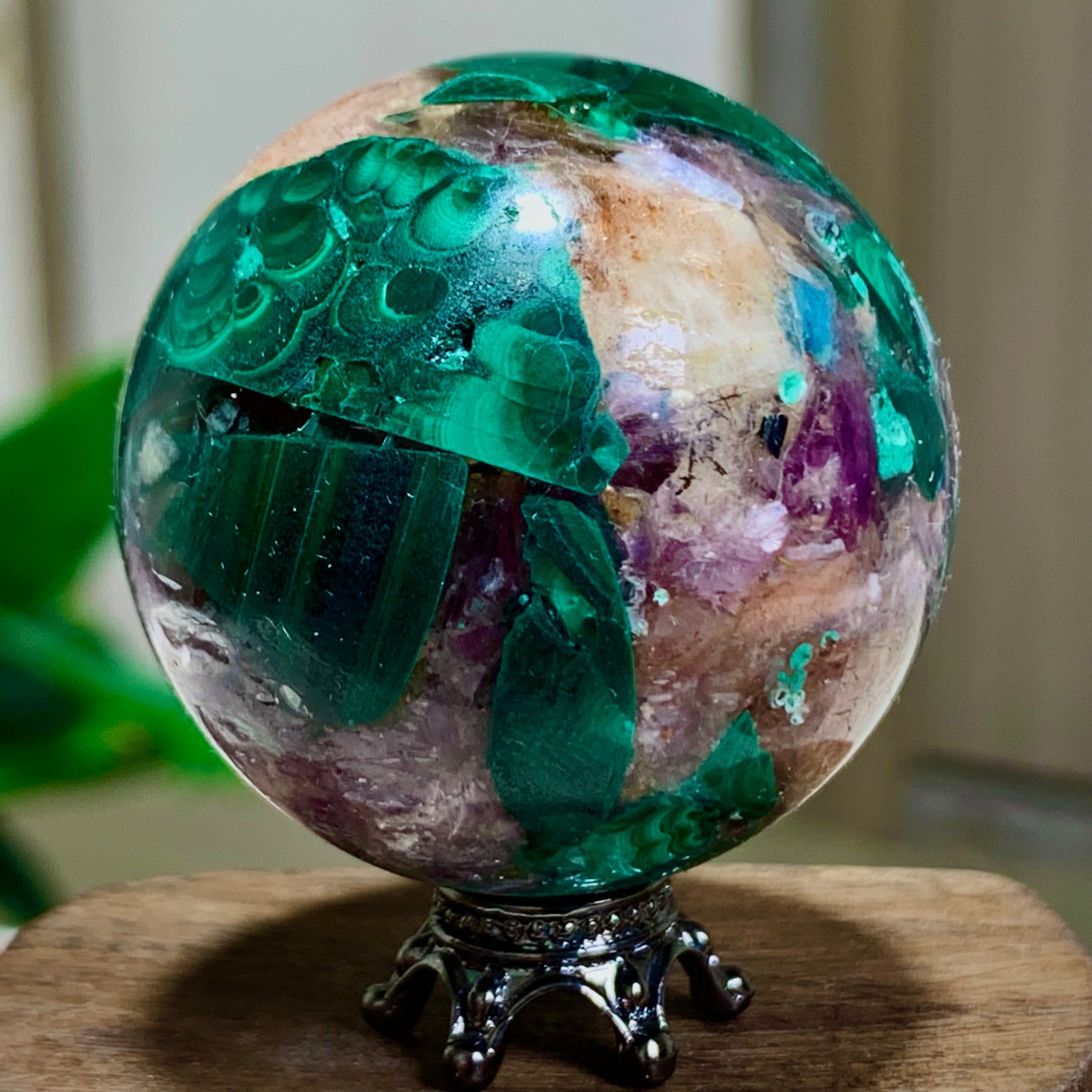 84G Newly discovered rare malachite purple mica symbiotic sphere restoration