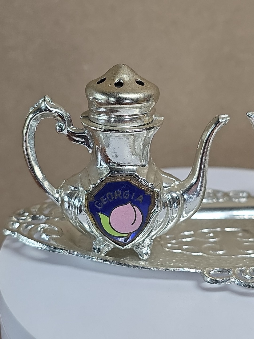 Vintage 1960s-70s Salt & Pepper Shakers Tea Set w/ Serving Tray Georgia