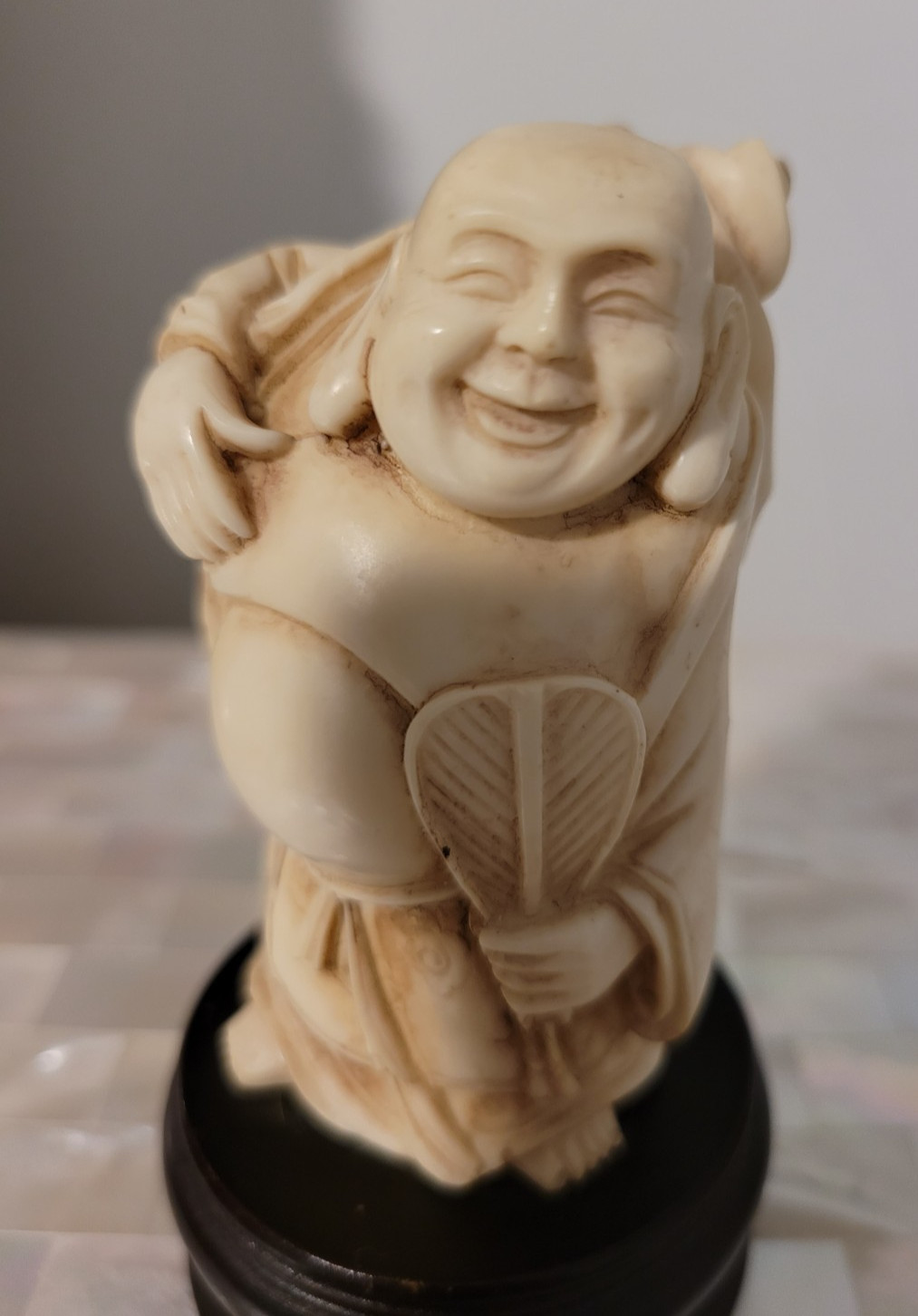 Vintage Japanese Carved Happy Buddha Figurine on Wood Stand 3-3/4" tall
