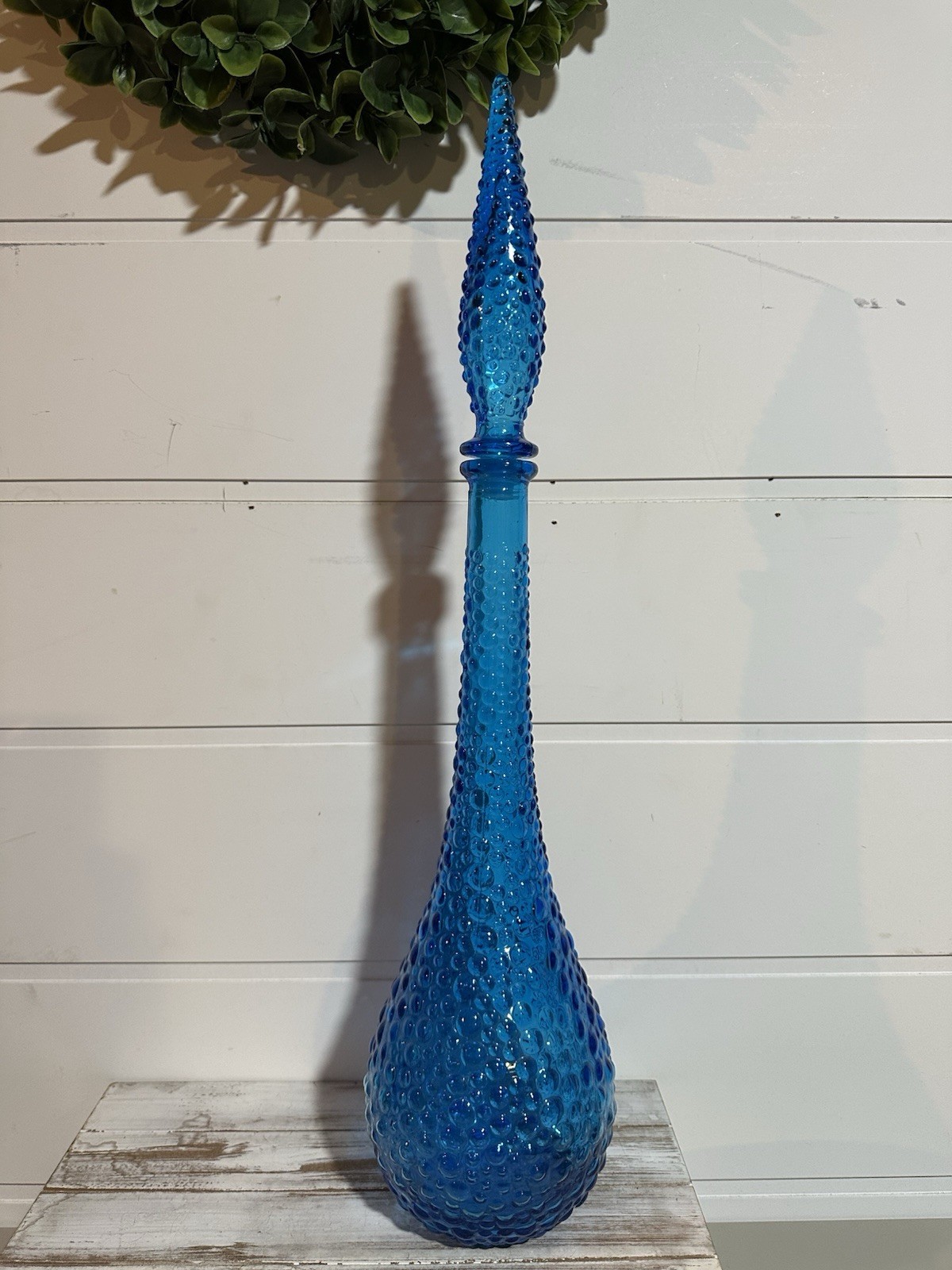 Vtg Blue Hobnail Glass Decanter Genie Bottle 22.75” W/ Stopper Empoli MCM Italy