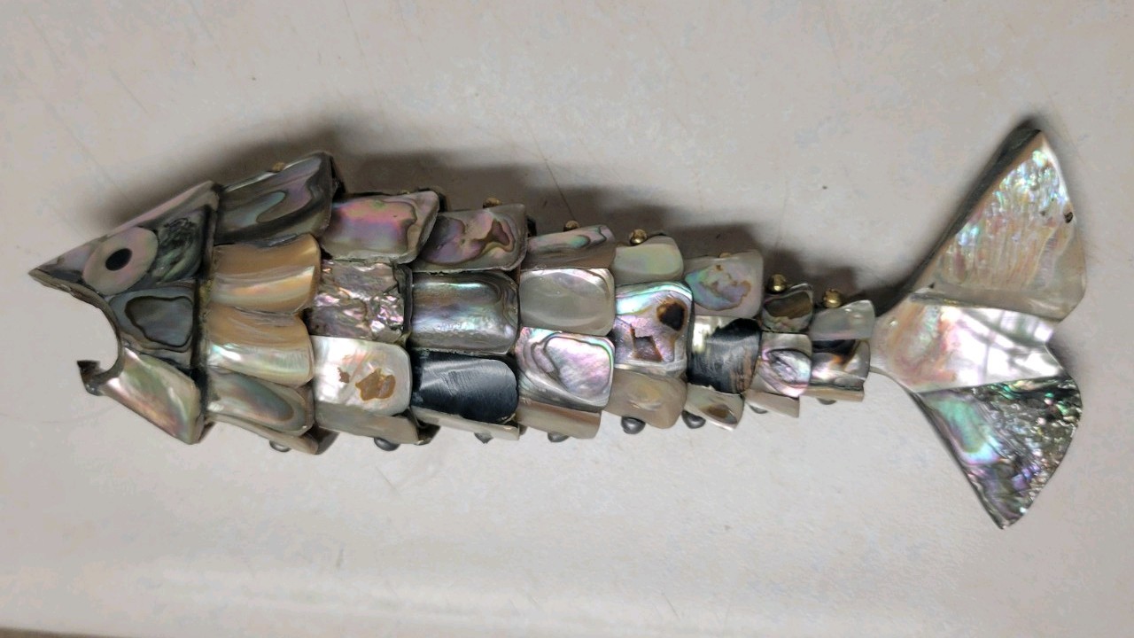 Vintage Mexican Articulated Fish Bottle Opener Abalone Shell Inlay 7 Inches
