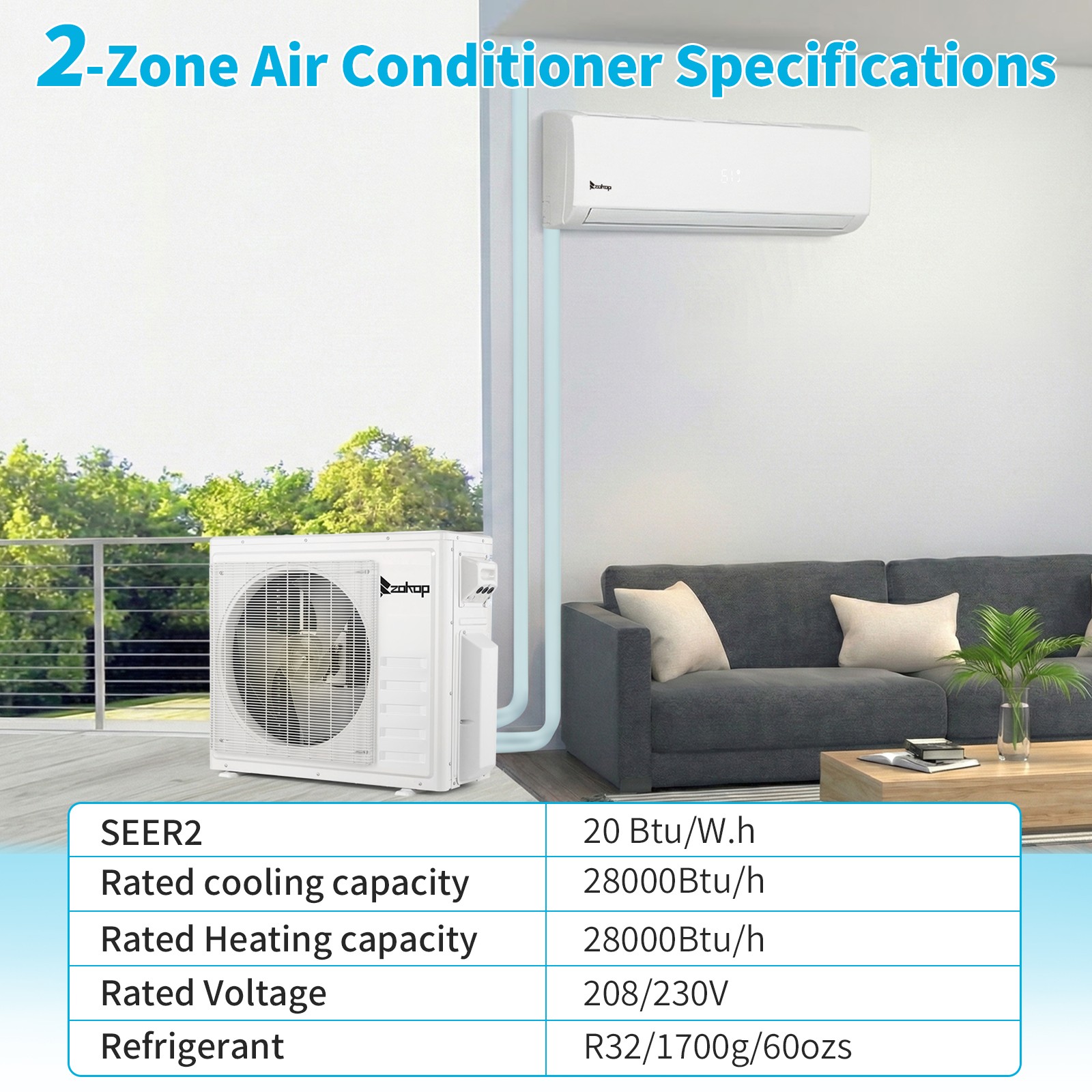 28000 BTU 2 Zone AC Ductless Mini Split Air Conditioner with Heat Pump (9K+18K)