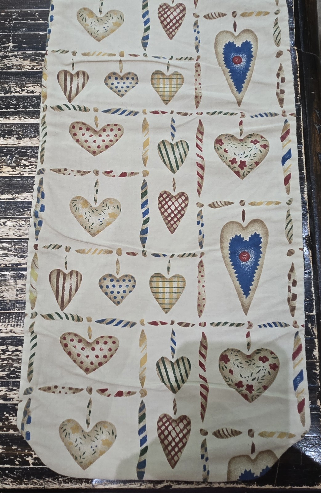 Vintage Noah's Ark Table Runner Folk Art Tapestry Country Hearts 56" x 9 3/4"