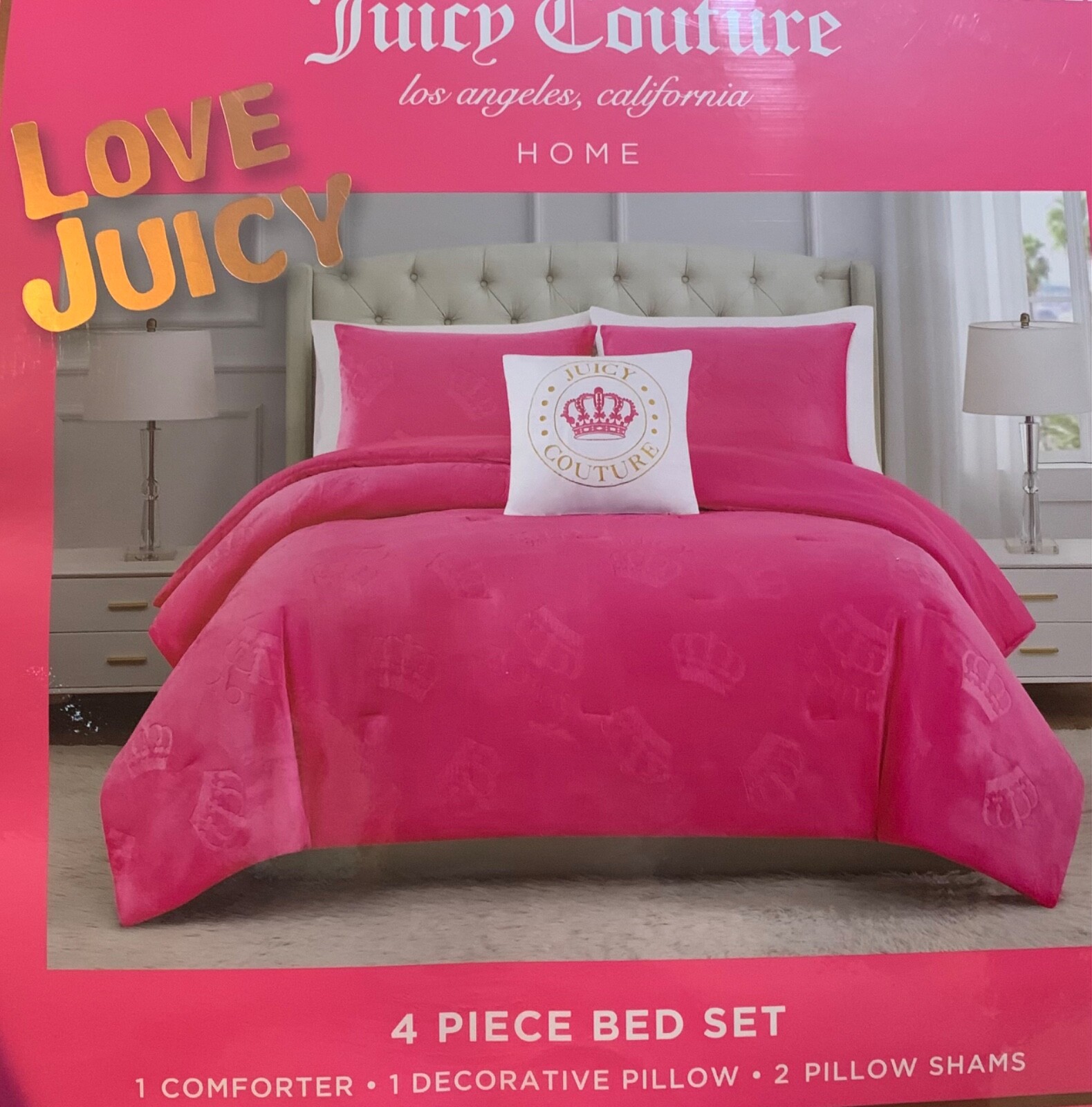 Juicy Couture Hot Pink Logos& Crowns Embossed Plush Soft 4pc QUEEN Comforter Set