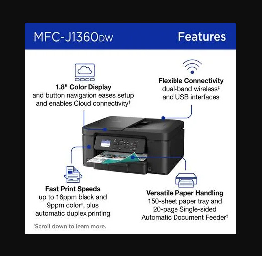 MFCJ1360DW Work Smart 1360 Wireless Color Inkjet All-in-One Printer