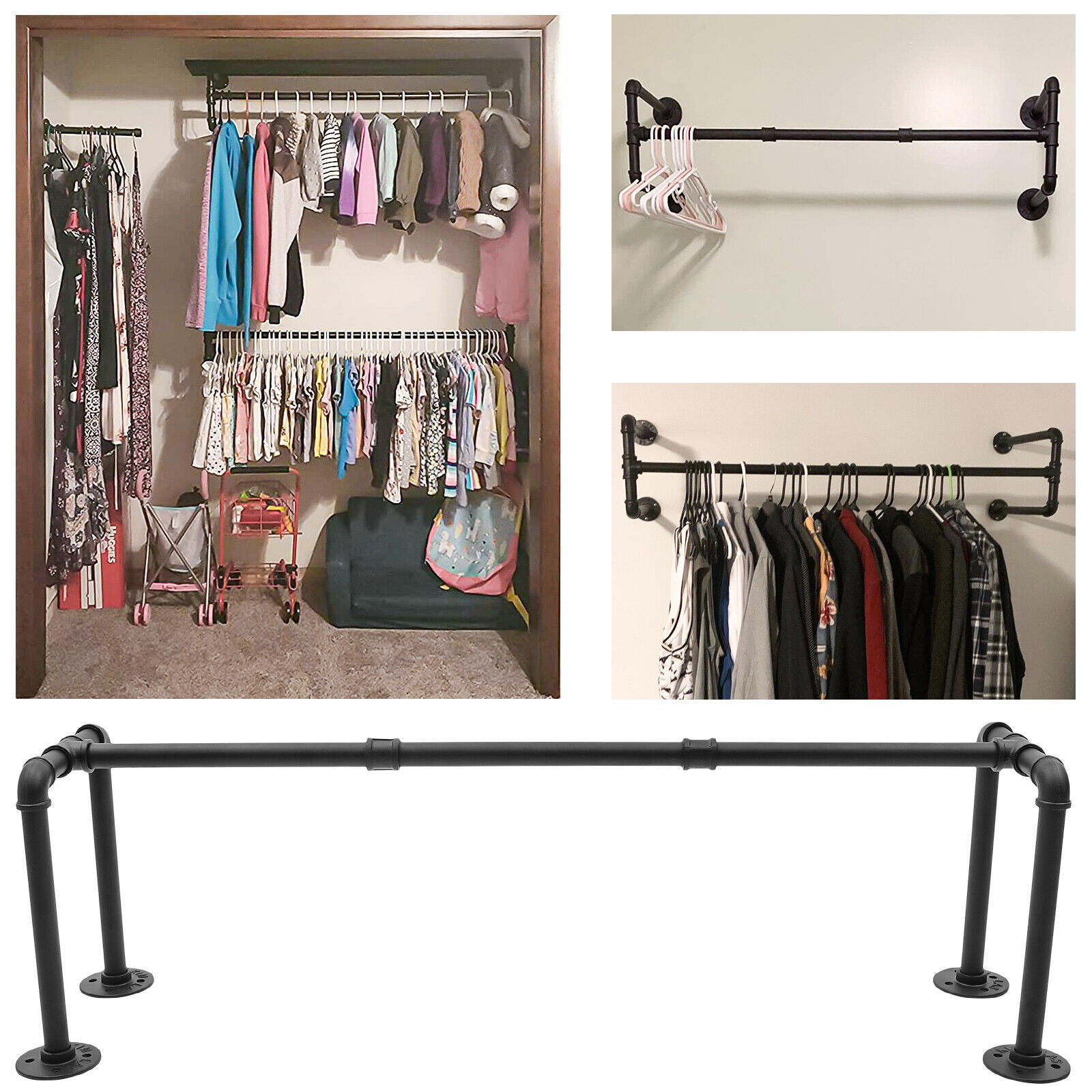 Heavy Duty Pipe Clothes Rack Garment Shelf Wall Mounted Ceiling Hanging Bar Rods