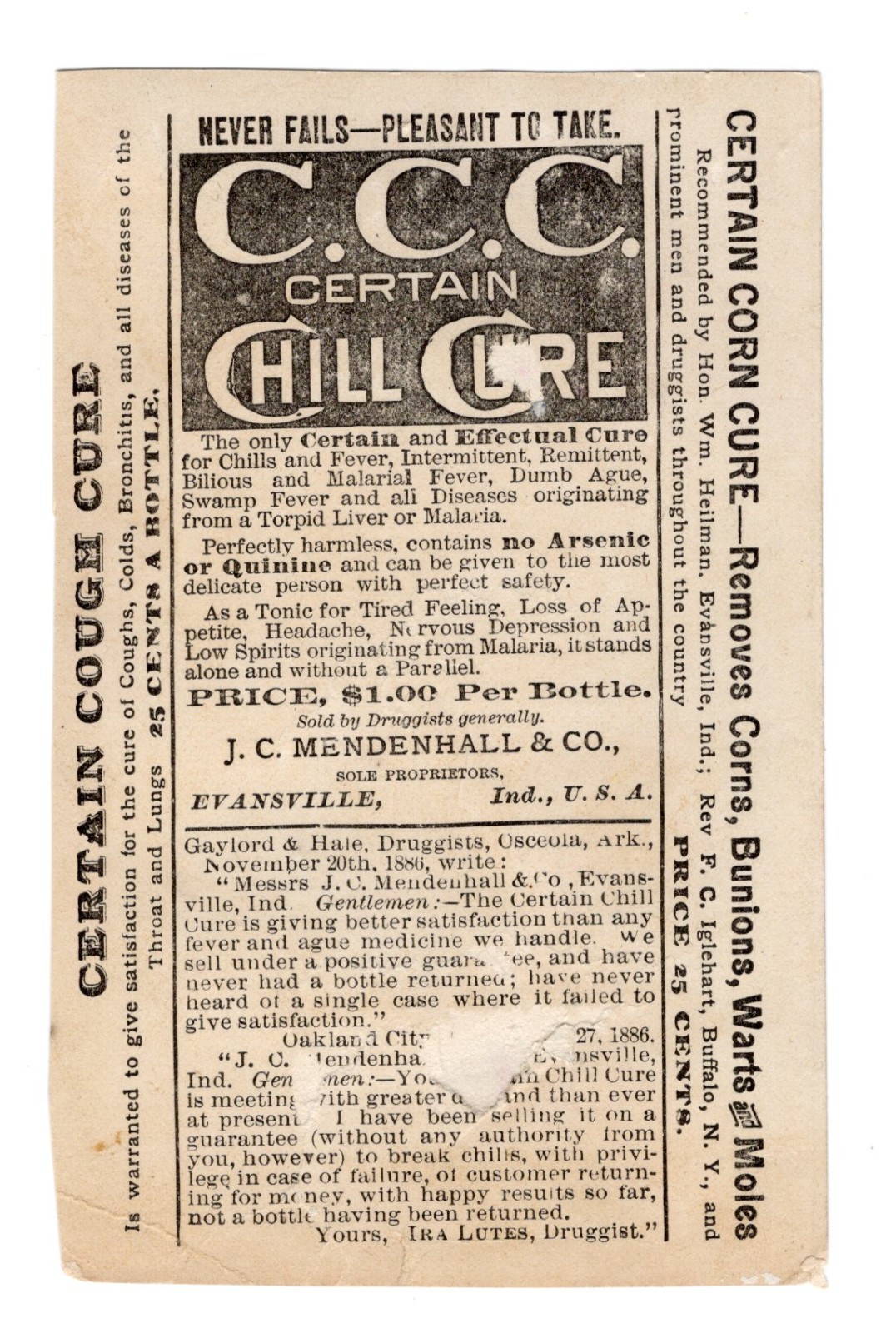 C1880-90s - C. C. C Certain Chill Cure E. R. Brundick Huntingburg IN - XL2T