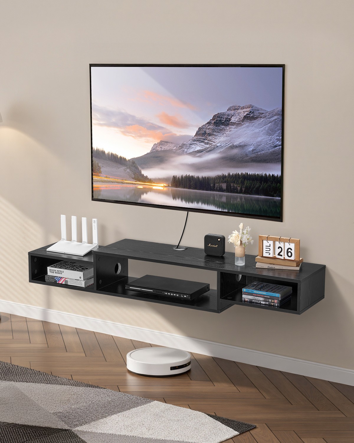 Floating TV Stand 59" Entertainment Center Power Outlet & Cable Hole Black