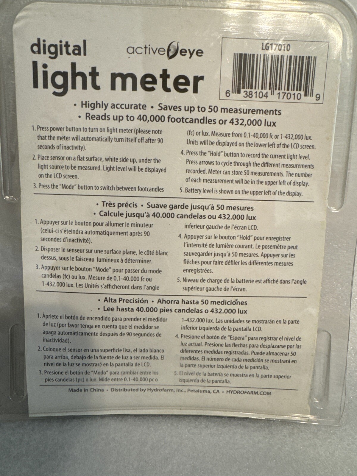 Hydrofarm Active Eye LG17010 Digital Plant Grow Hydroponic Light Meter NEW