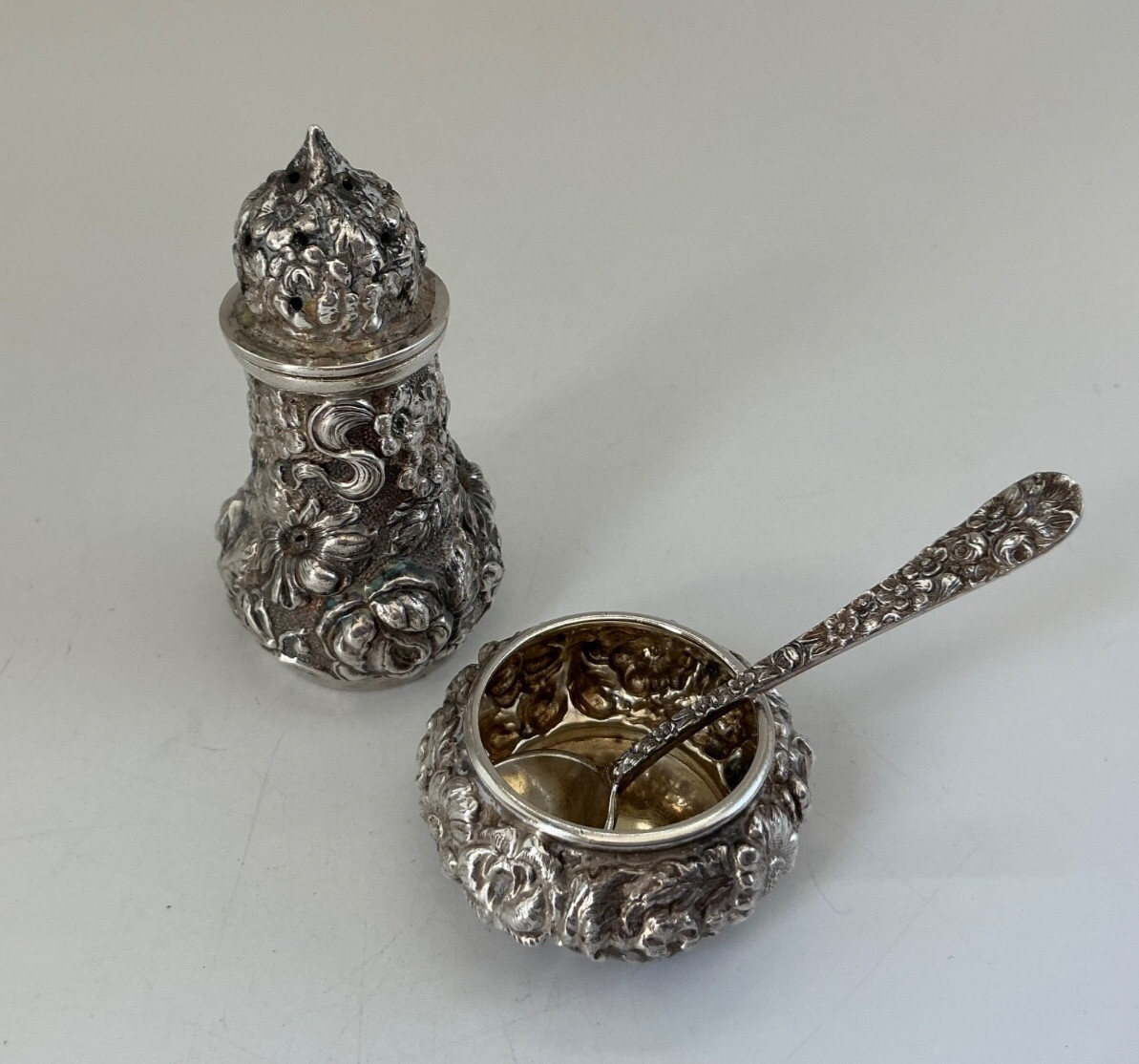 Antique  Set  Stieff Rose Sterling - Salt Cellar, Spoon and Pepper Shaker, 4 pc