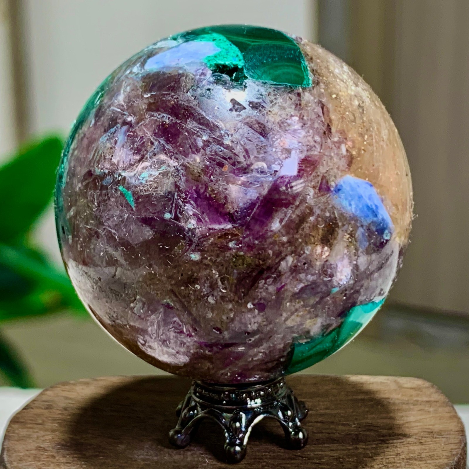 97G Newly discovered rare malachite purple mica symbiotic sphere restoration