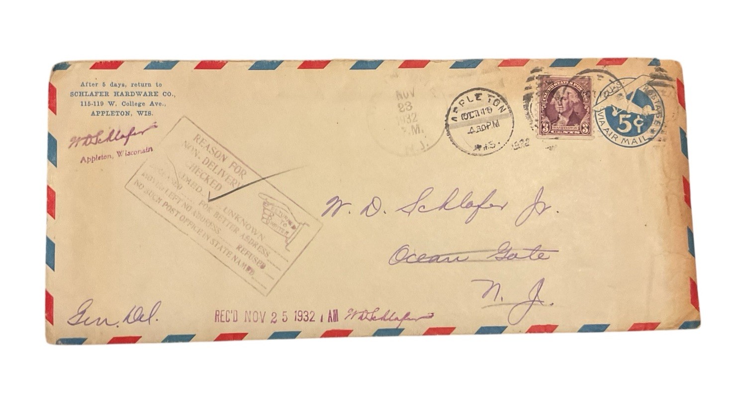 Schlafer Hardware Appleton WI Non Delivery Stamp 1932 Letterhead Envelope ZL