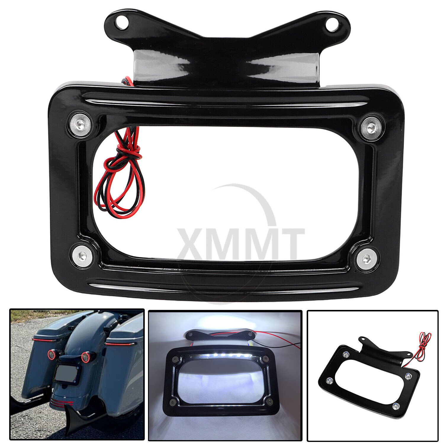 Black Curved License Plate Frame w/ LED Light For Harley Street Road Glide 10-23