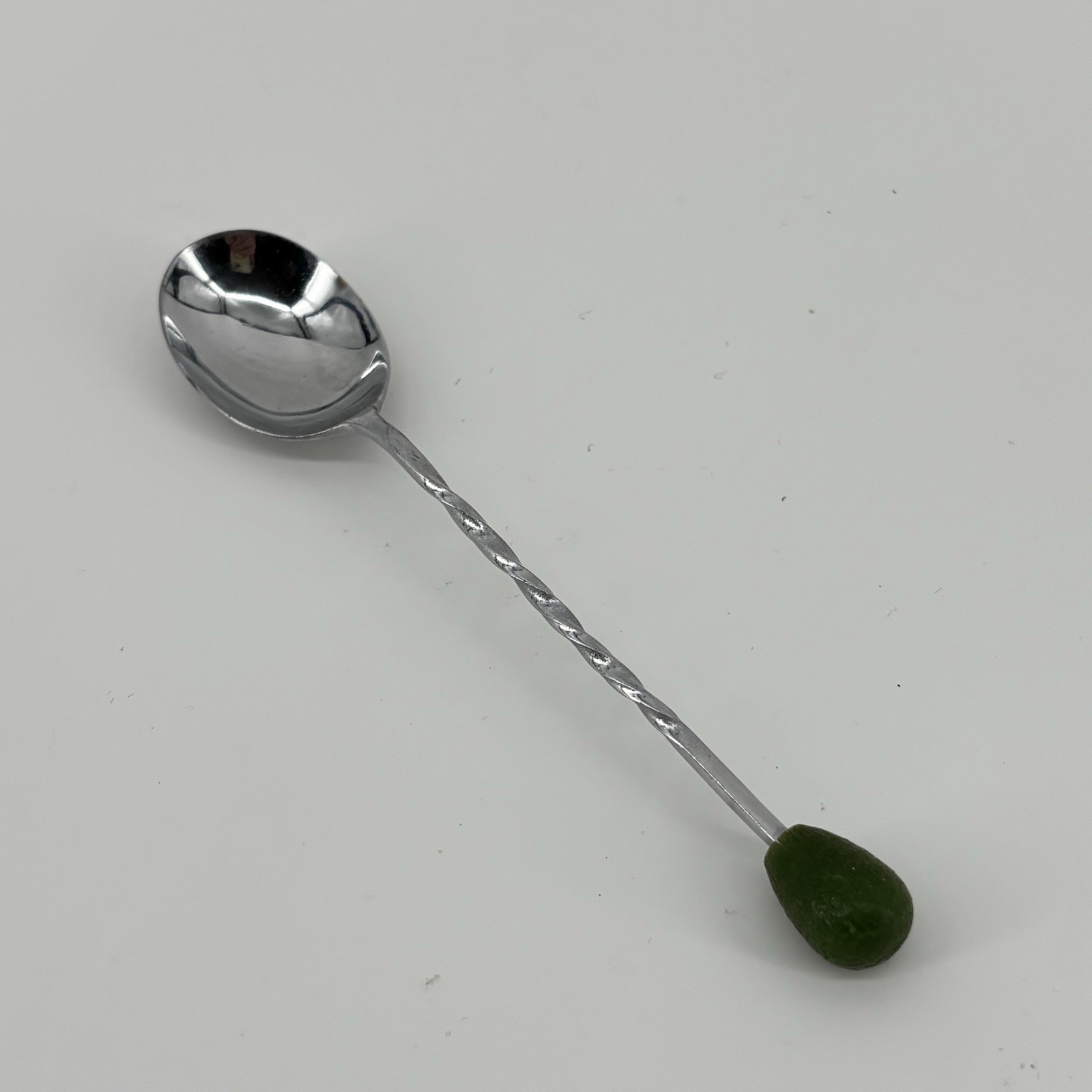 Vintage Bar Spoon Swizzle Japan Stainless Steel Twisted Hanlde 5in W/Green Wood