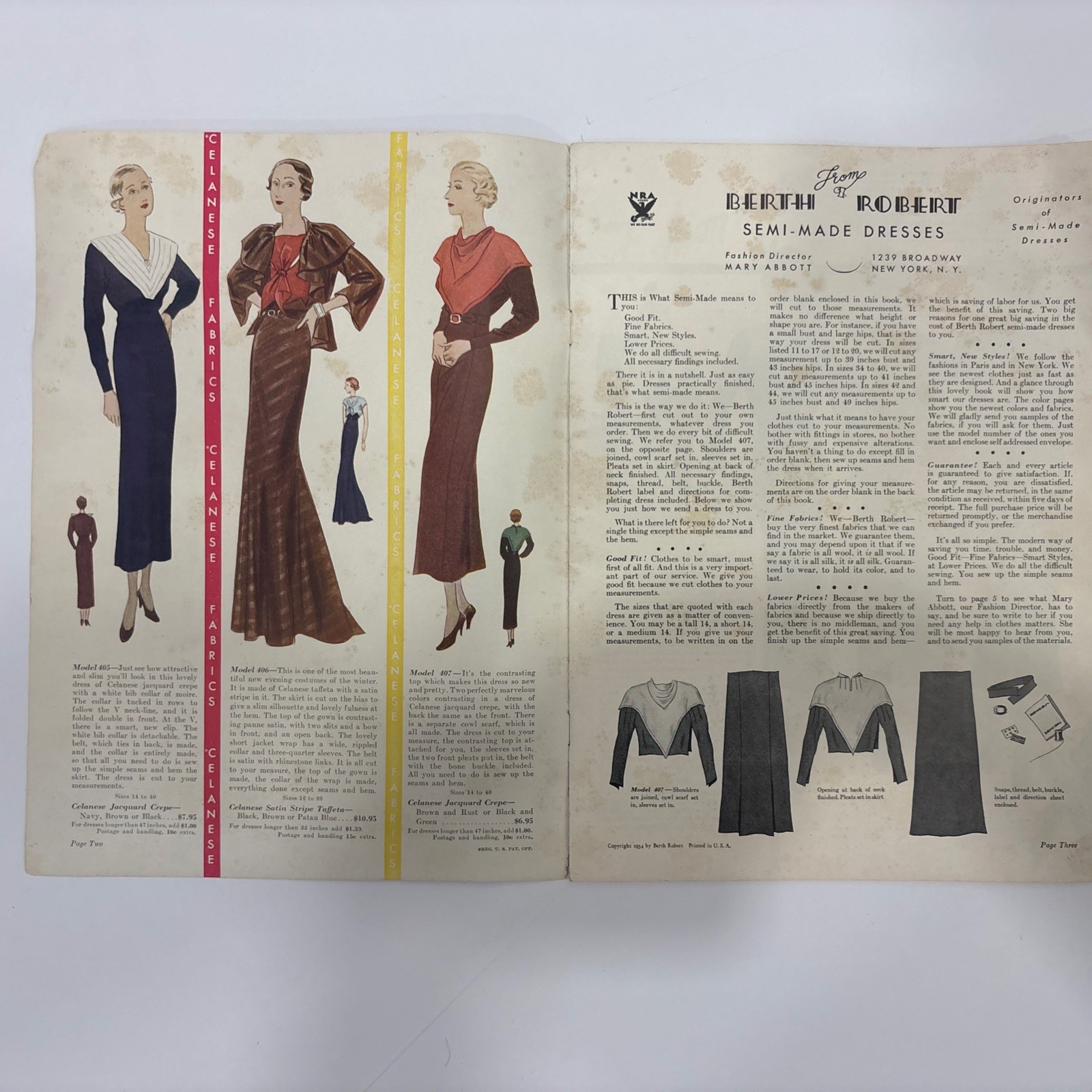 Winter 1934 Berth Robert Fashion Catalog. Semi-Made Dresses