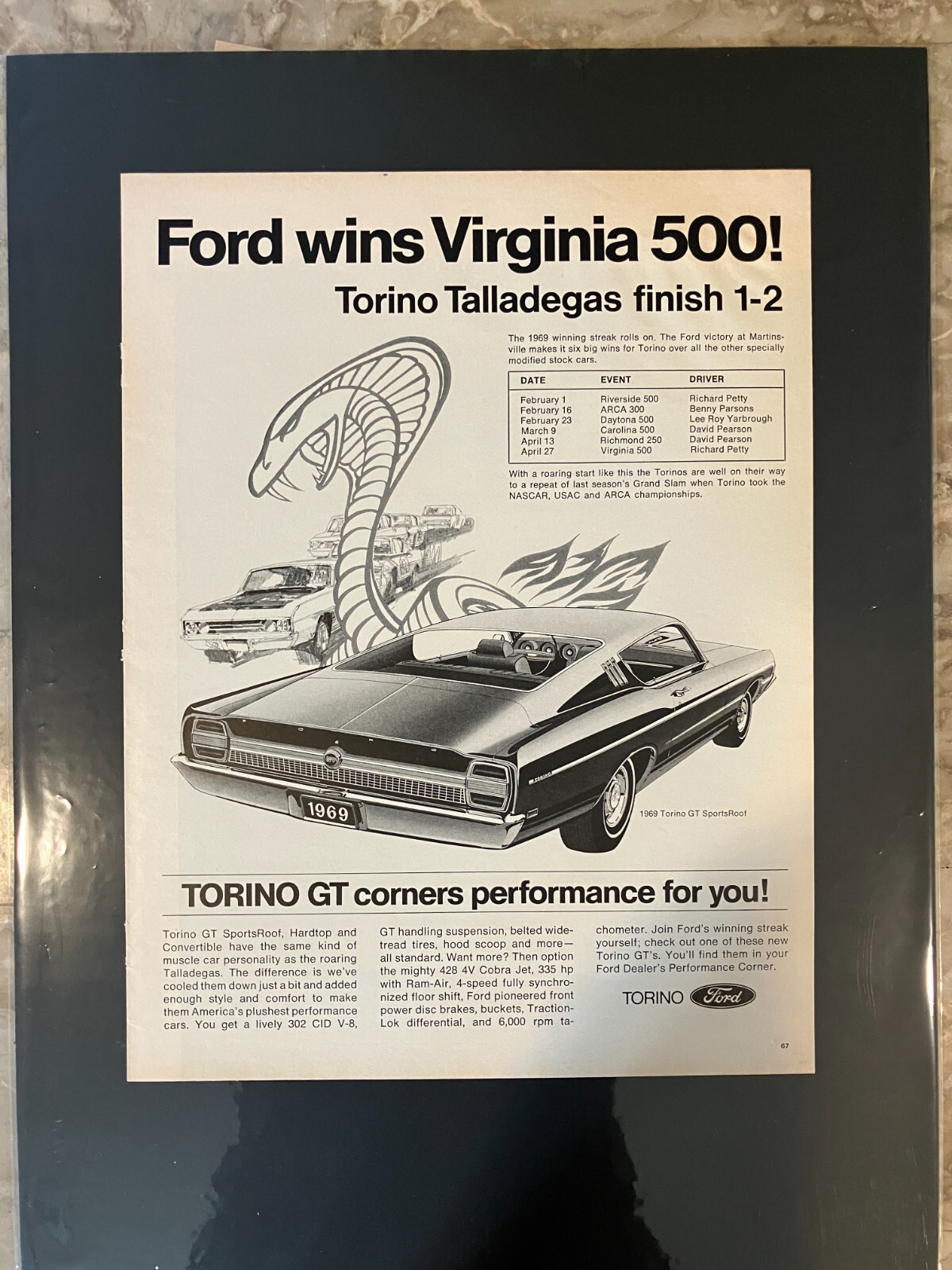READY to DISPLAY*1969 Ford Torino Talladega Cobra Martinsville*Original*ad c