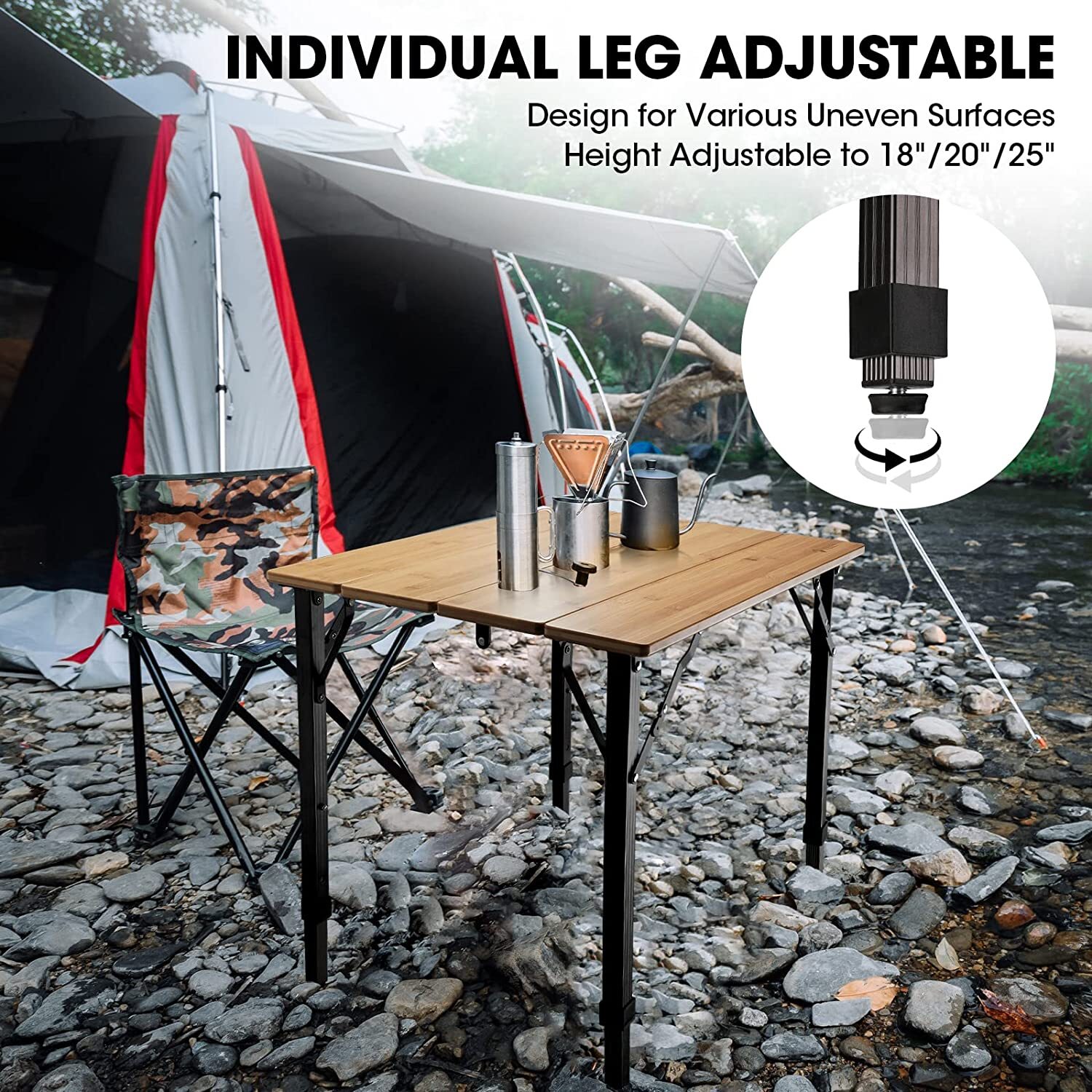 Portable Heavy Duty Adjustable Height Bamboo Folding Table Camping Table 176 lbs