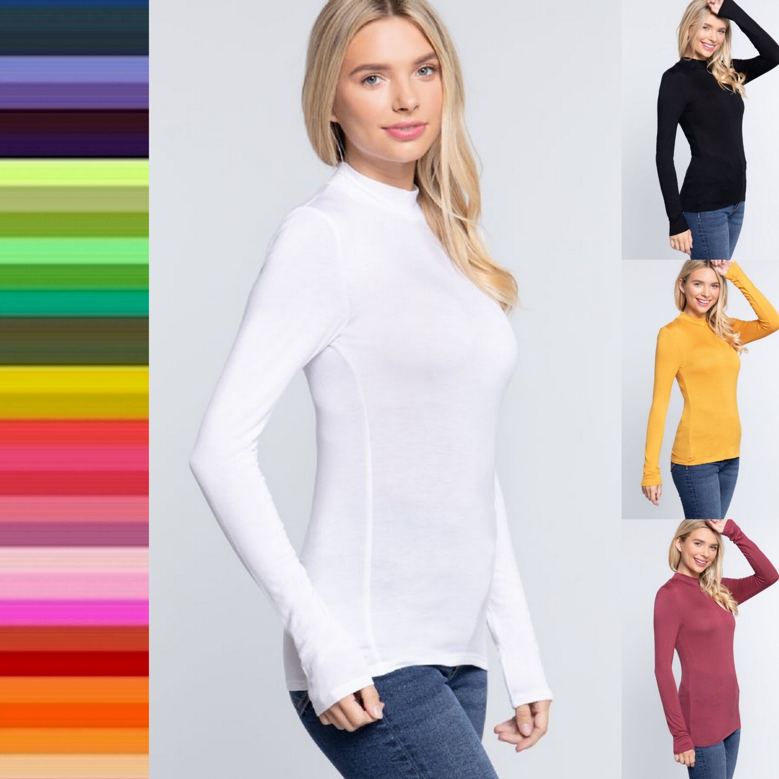 Women's Mock Turtle Neck Rayon Long Sleeve Top Soft Stretch Classic Fitted Shirt