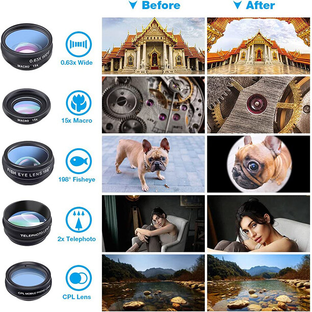 APEXEL 10in1 Phone Camera Lens Kit Fisheye WideAngle 2X Telescope Lens for Phone
