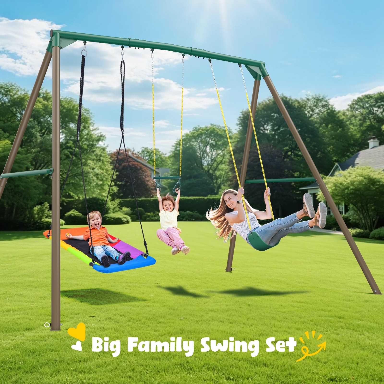 9.5ft Tall A-Frame Heavy Duty Metal Swing Set with 3 Swings and Trapeze Bar