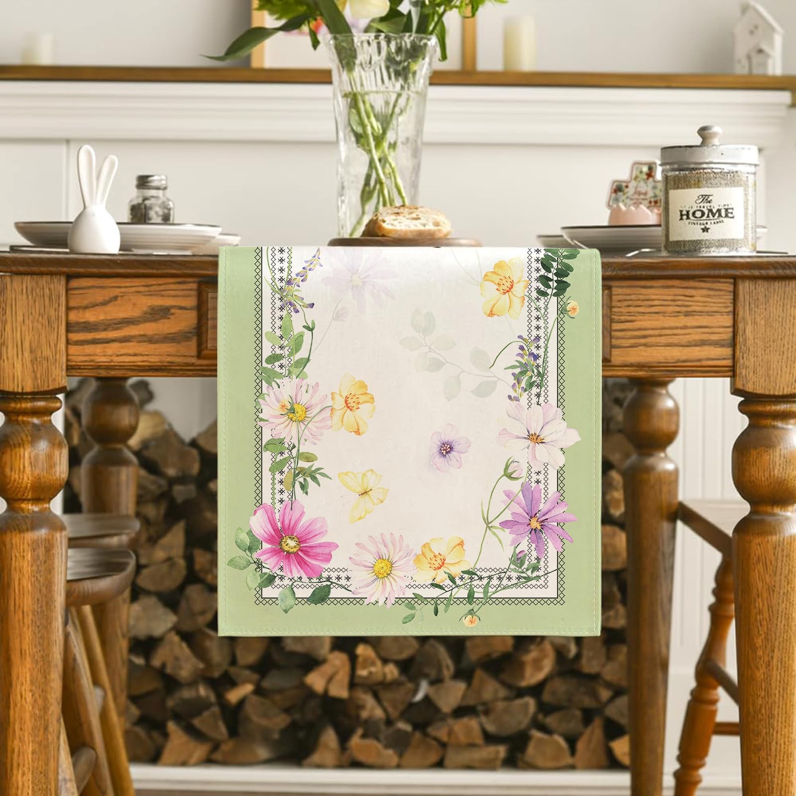 Farmhouse Spring Table Runner Flower Floral Table Cover Pastel Green Leaf Dec...