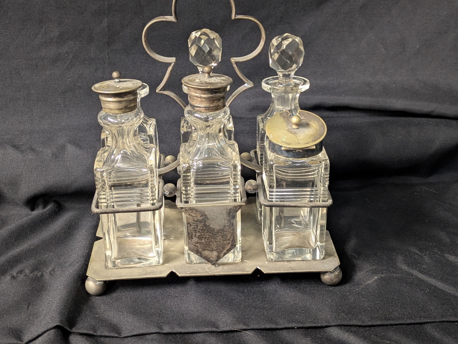 Vintage 6 Bottle Cruet Set with Handles Holder Silver plate Art Deco Condiments