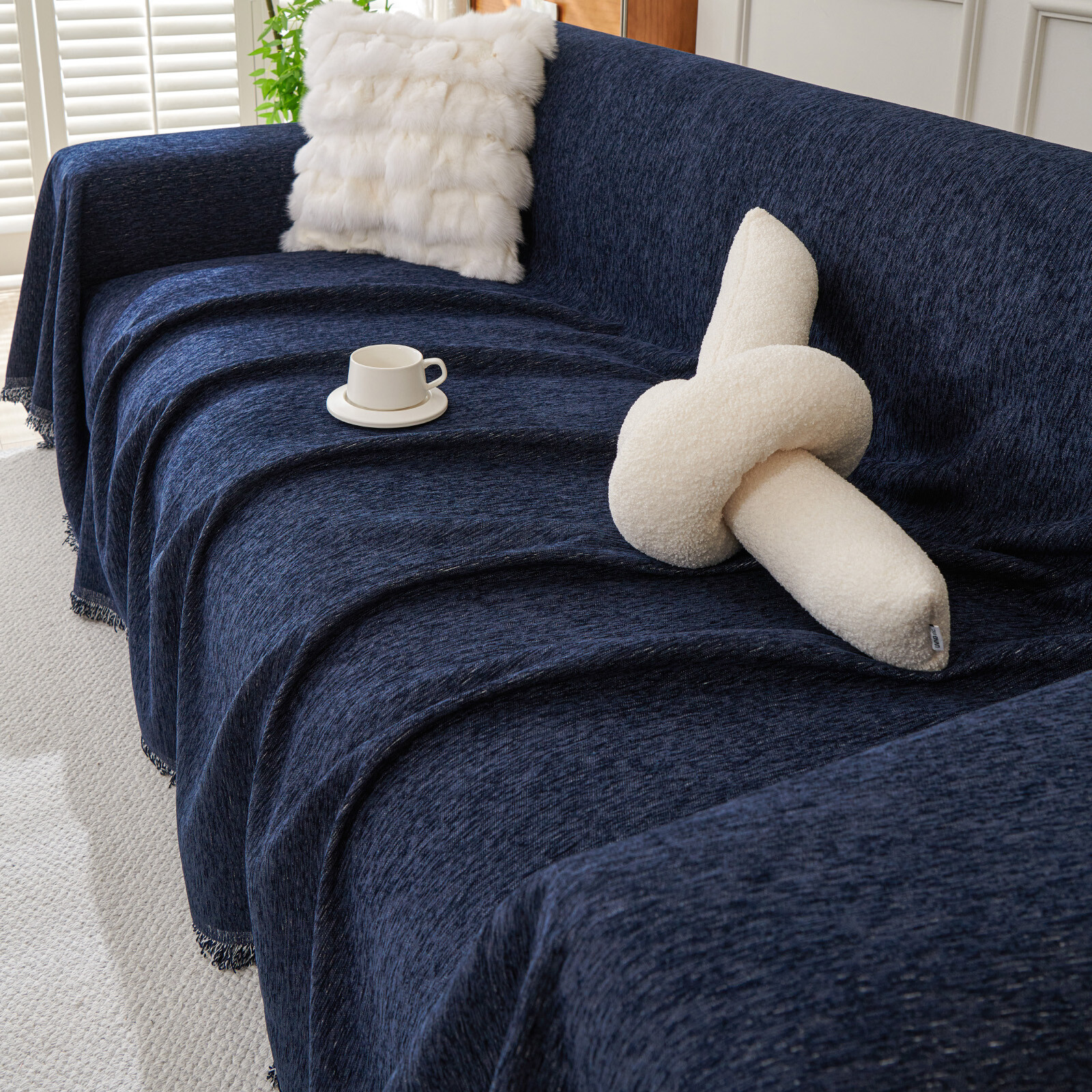 Extra Large Sectional Couch Cover 91"W Chenille Sofa Slipcover w/ Tassel 8 Color