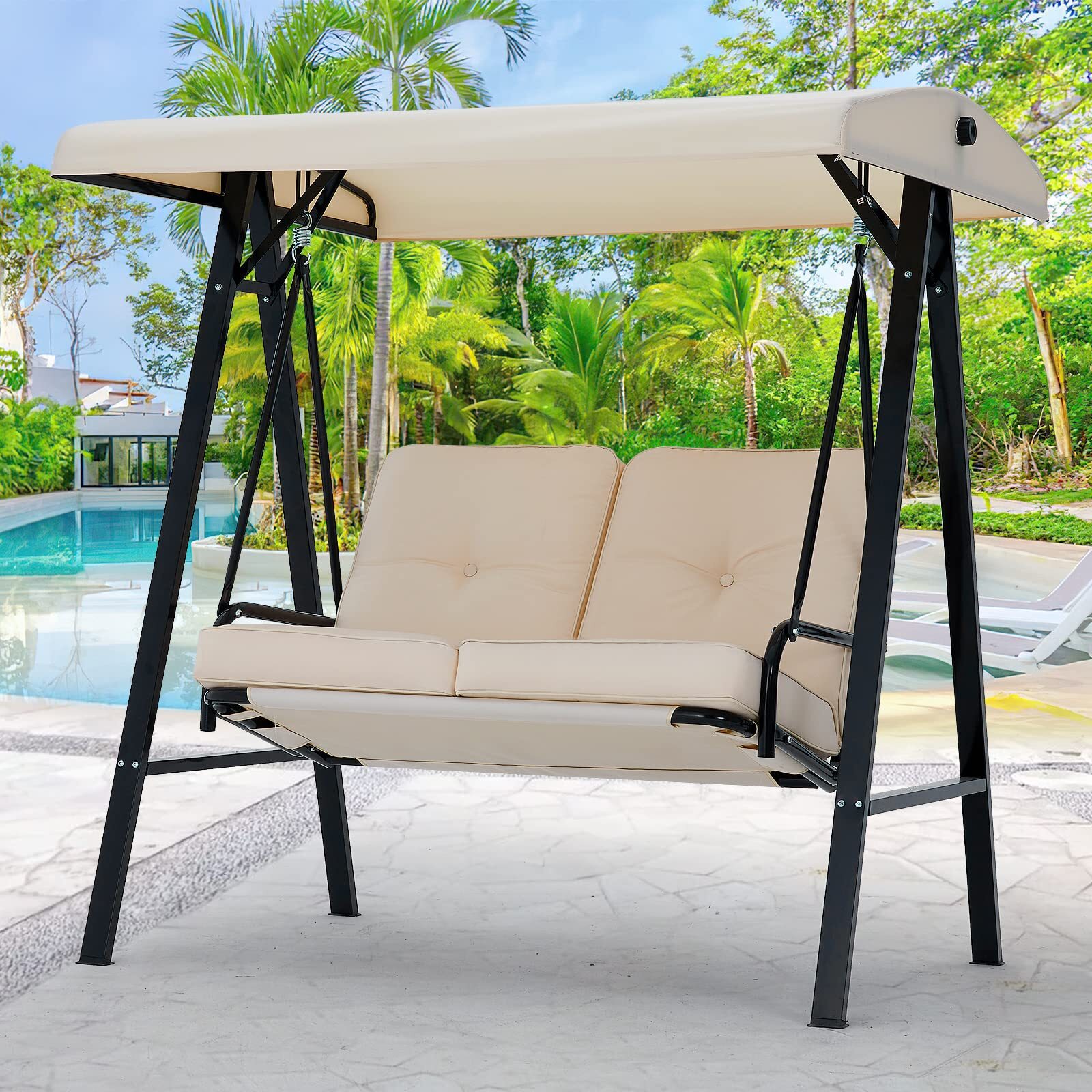3-Person Outdoor Patio Swing Chair w/Adjustable Canopy Cover &Steel Frame 3 Type