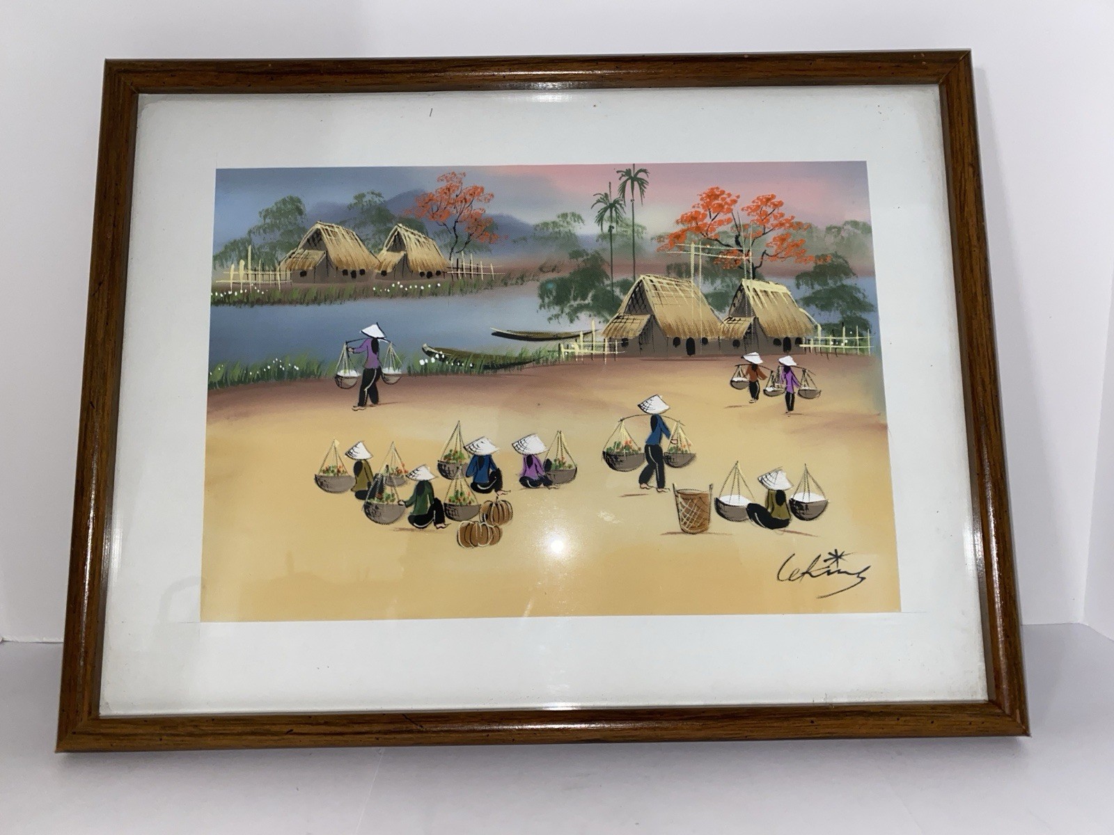 Framed Vietnamese Asian Art Silk Screening Water Colors Signed “Women Working”
