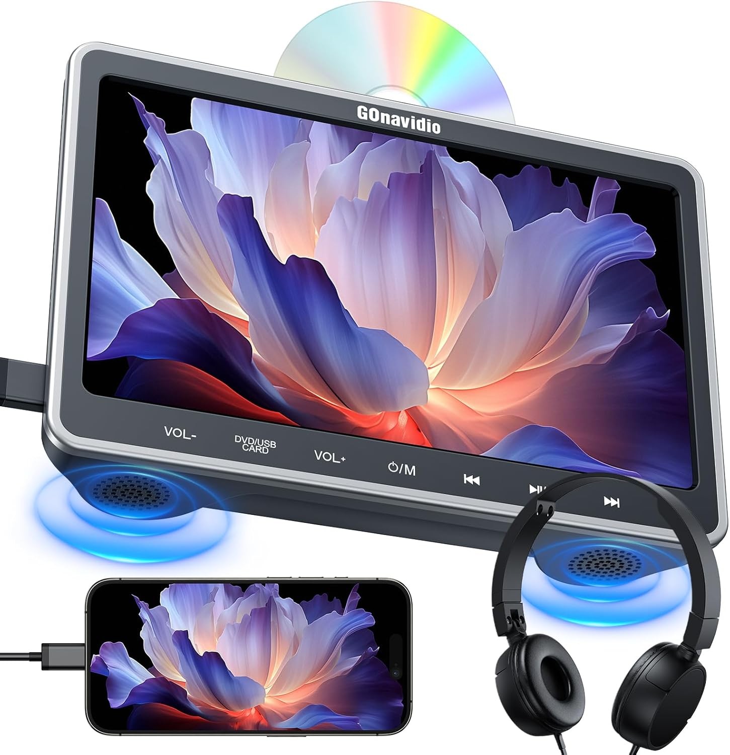 2x 10.1'' Dual Screen Car Headrest DVD Player USB Rear-Seat Monitor TV+Headsets