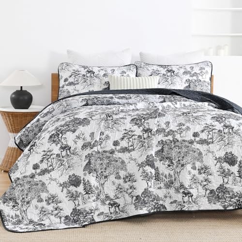 Botanical Quilt Set Size 3 Pieces Toile Floral Plants Printed Queen Black