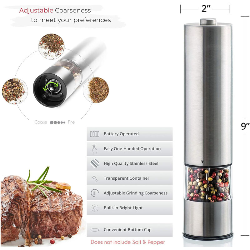 2PACK Adjustable Electric Salt Pepper Grinder Mill Shakers Set Stainless Steel✅