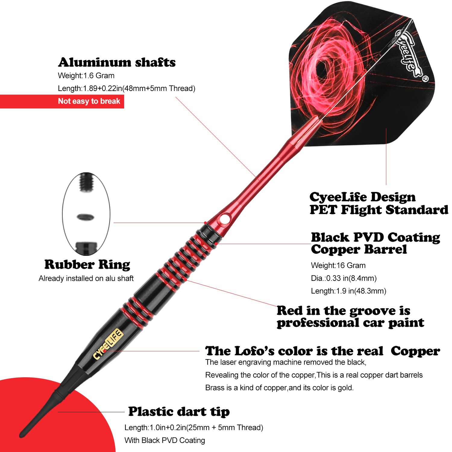 CyeeLife 12pcs 18g Soft Tip Darts Set +12 Alu Shafts+12 Flights+100 Tips+Tool
