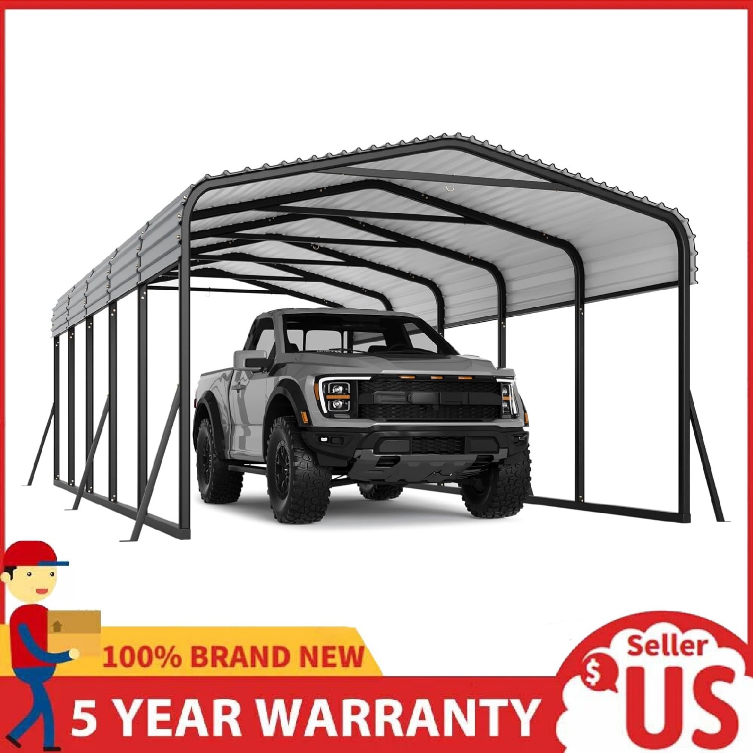 12'x24' Metal Carport, Heavy Duty Galvanized Steel Roof Canopy Car Shelter Truck
