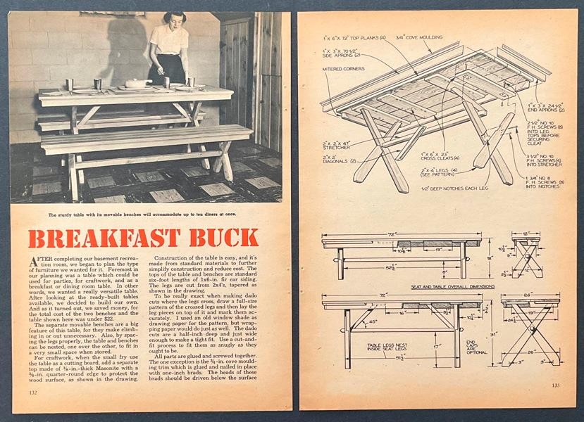 6’ Picnic Patio Table w/Benches 1954 HowTo Build PLANS