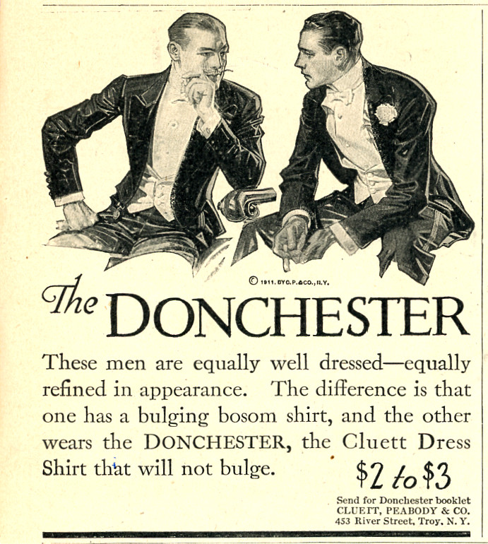 1911 Original Cluett Dress Shirts Ad. Donchester Model. Gay Interest 2 Men Tuxes