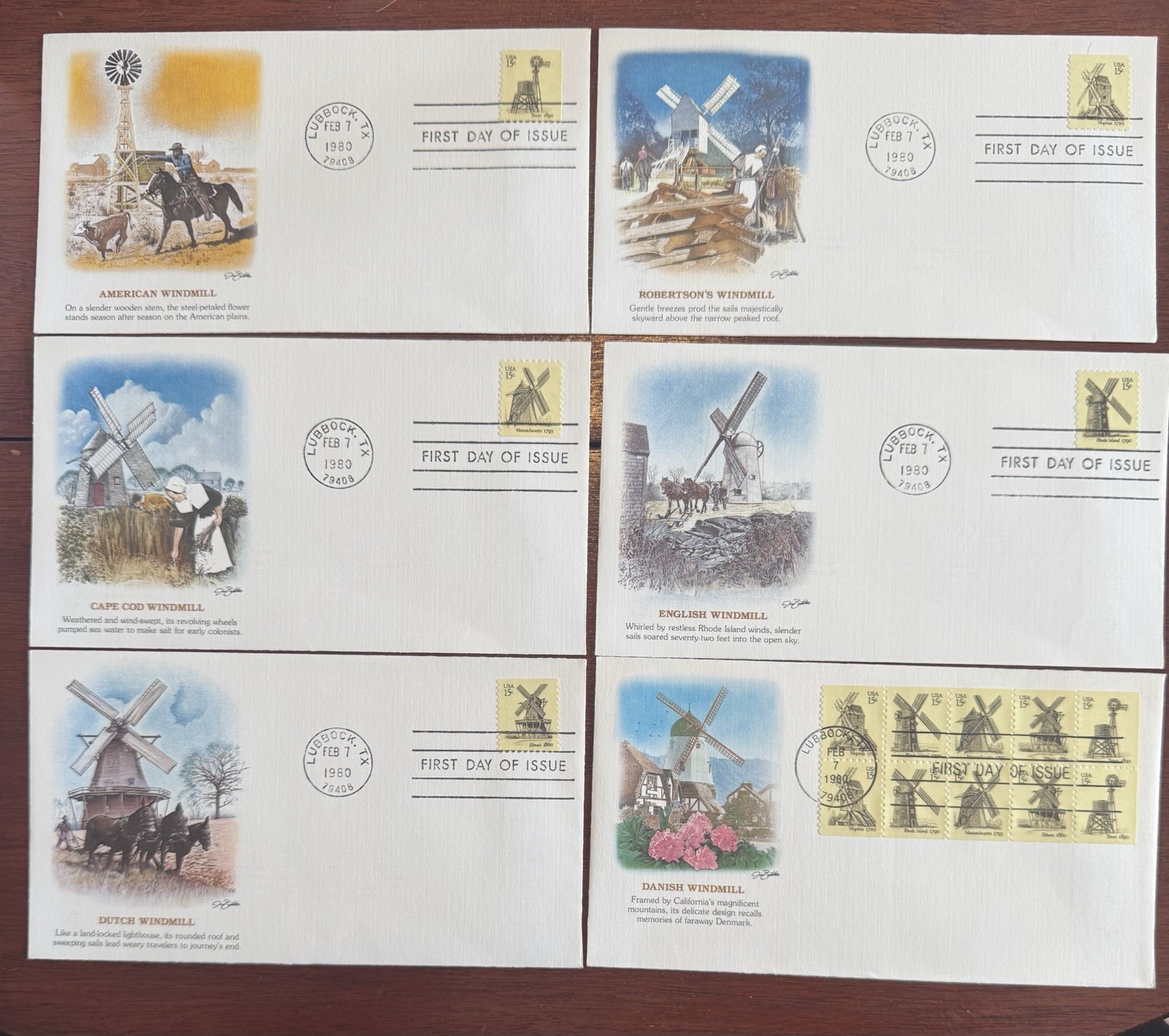(6) Fleetwood Windmill Set & Booklet Pane FDCs- 1980