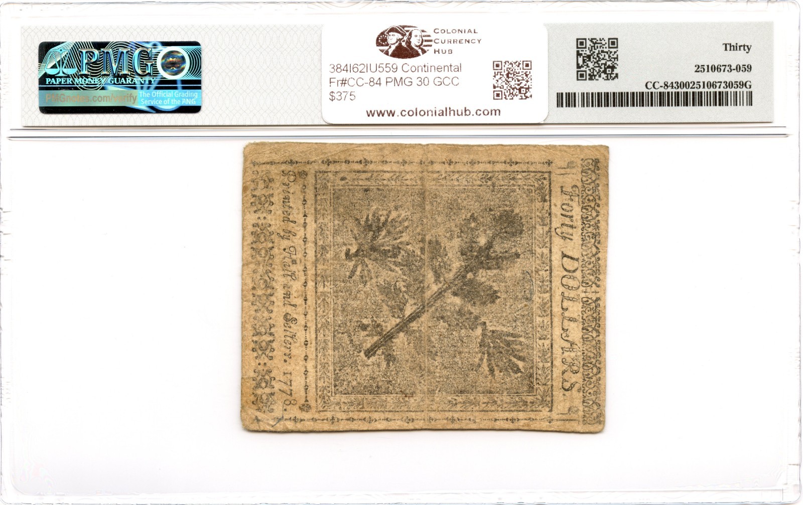 Continental Currency Fr#CC-84 September 26, 1778 $40 PMG VF-30 GCC Green