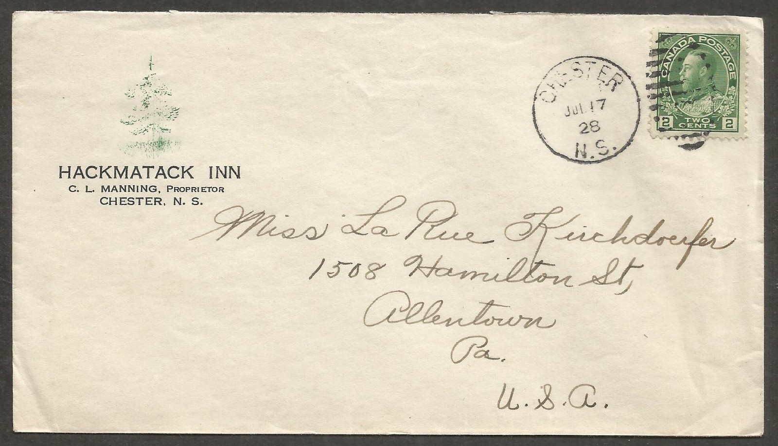 1928 Hackmatack Inn Advertising Cover 2c Admiral Duplex Chester NS to USA
