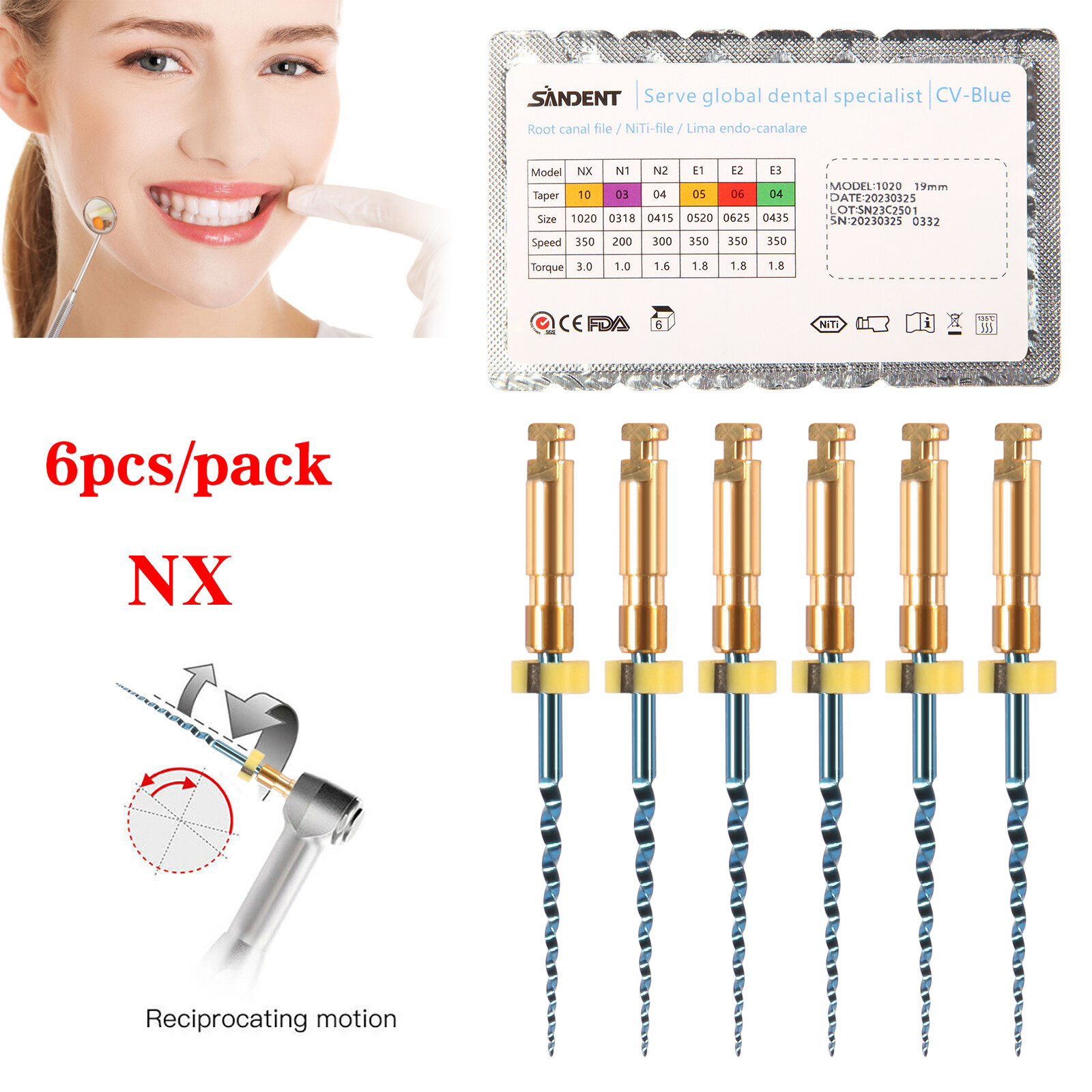 6Pcs/pack Dental Endo CV-Blue Taper File Niti Rotary Files 25MM Root Canal USA