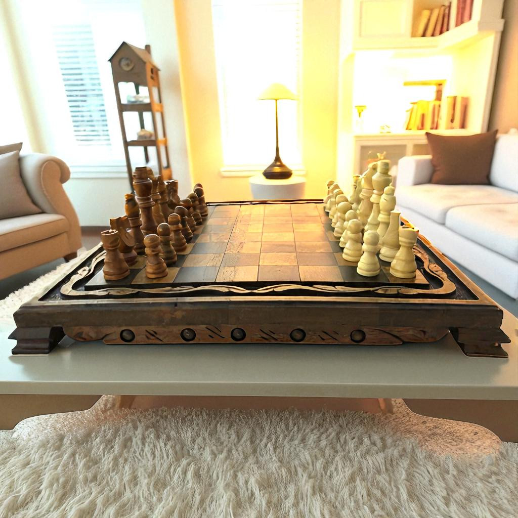 Vintage Chess Board Set Handmade Walnut Wood Staunton Pieces 14.2" Gift for Son