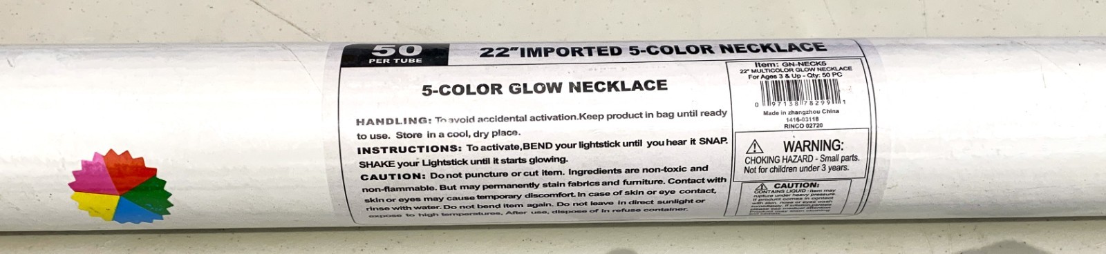 5 Color Light Up 22 inch Glow Necklaces Tube of 50 Pack Kids Fun Party Favors