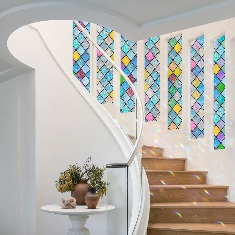 rabbitgoo Stained Glass Window Film Decorative Rainbow Colorful Lattice Sticker