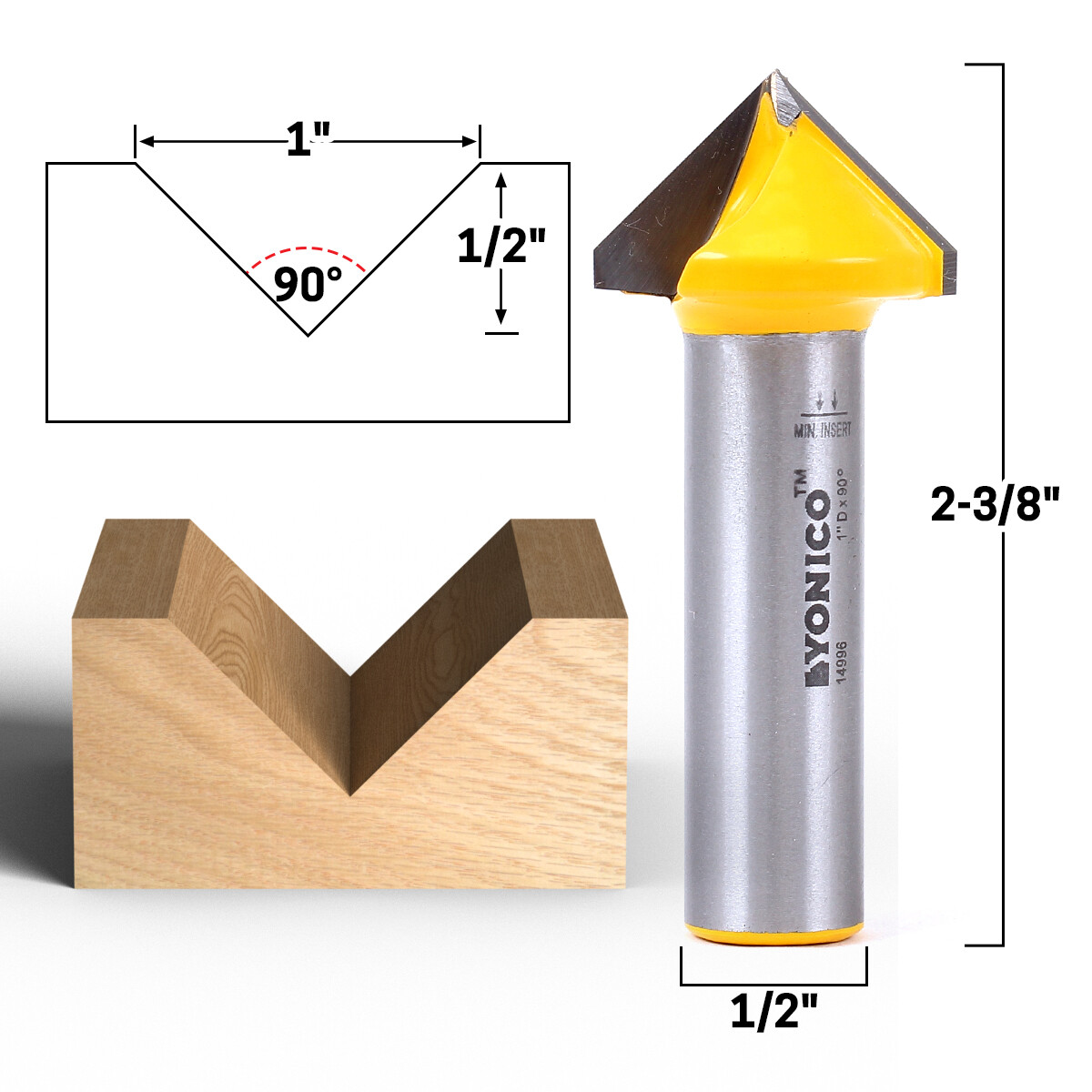 90 Degree X 1" Diameter V Groove Router Bit - 1/2" Shank - Yonico 14996