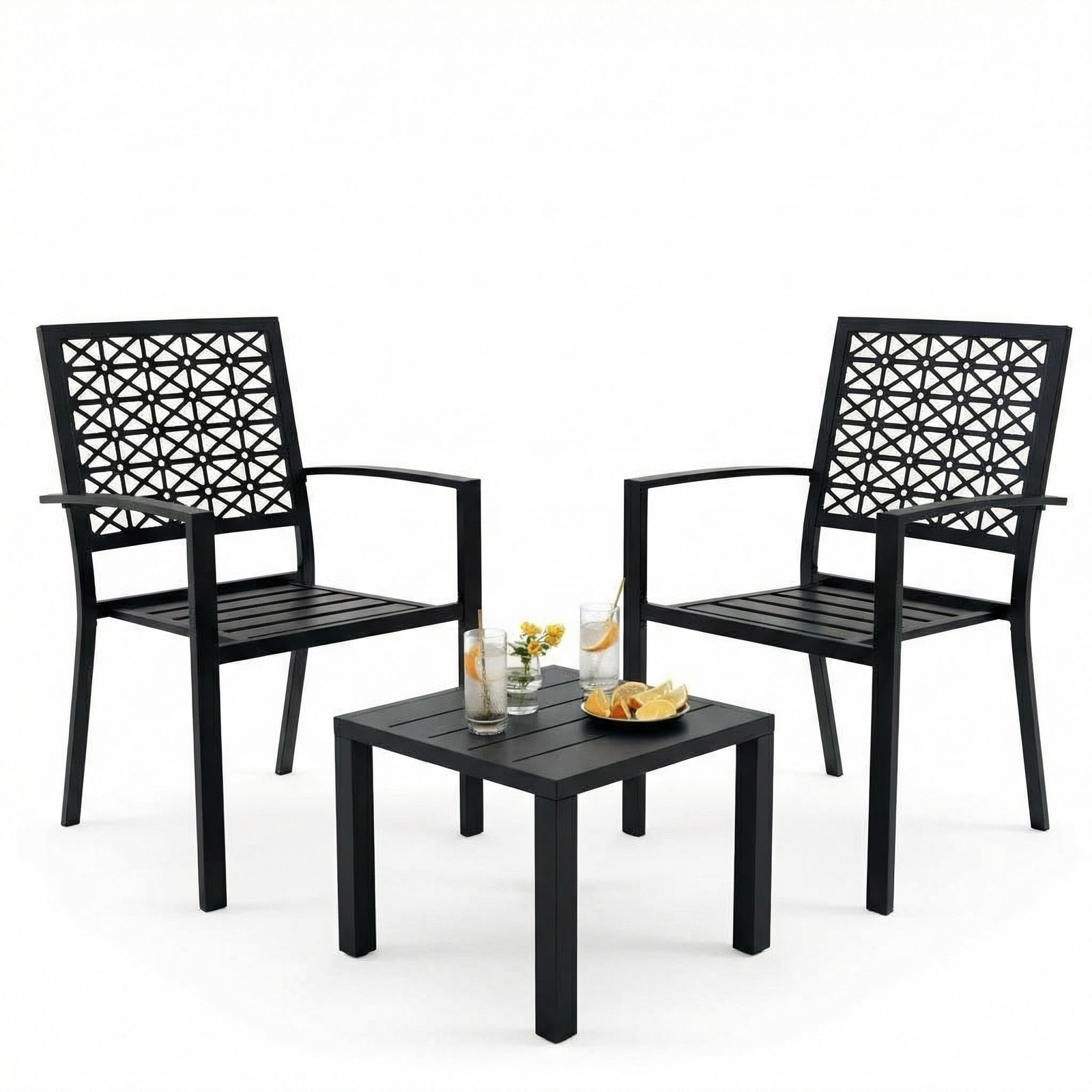 Outdoor Bistro Set 3-Piece Stackable Patio Chairs Square Table Metal Black
