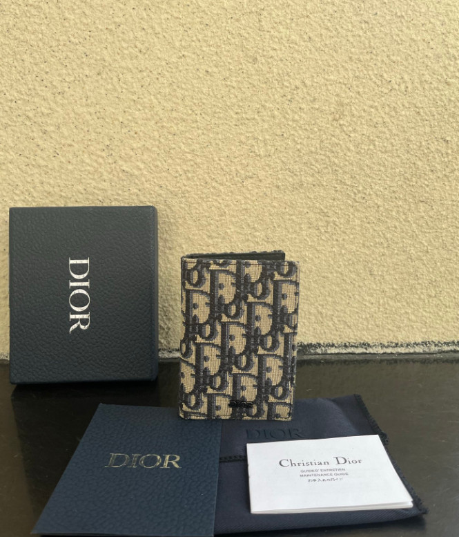 DO Oblique Passport Holder Canvas Leather Beige Black Travel Wallet