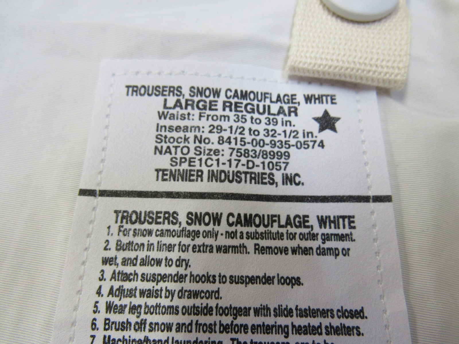 US GI Snow Camo Trousers Pants White Nylon Large Reg Tennier Industries 2018 NOS