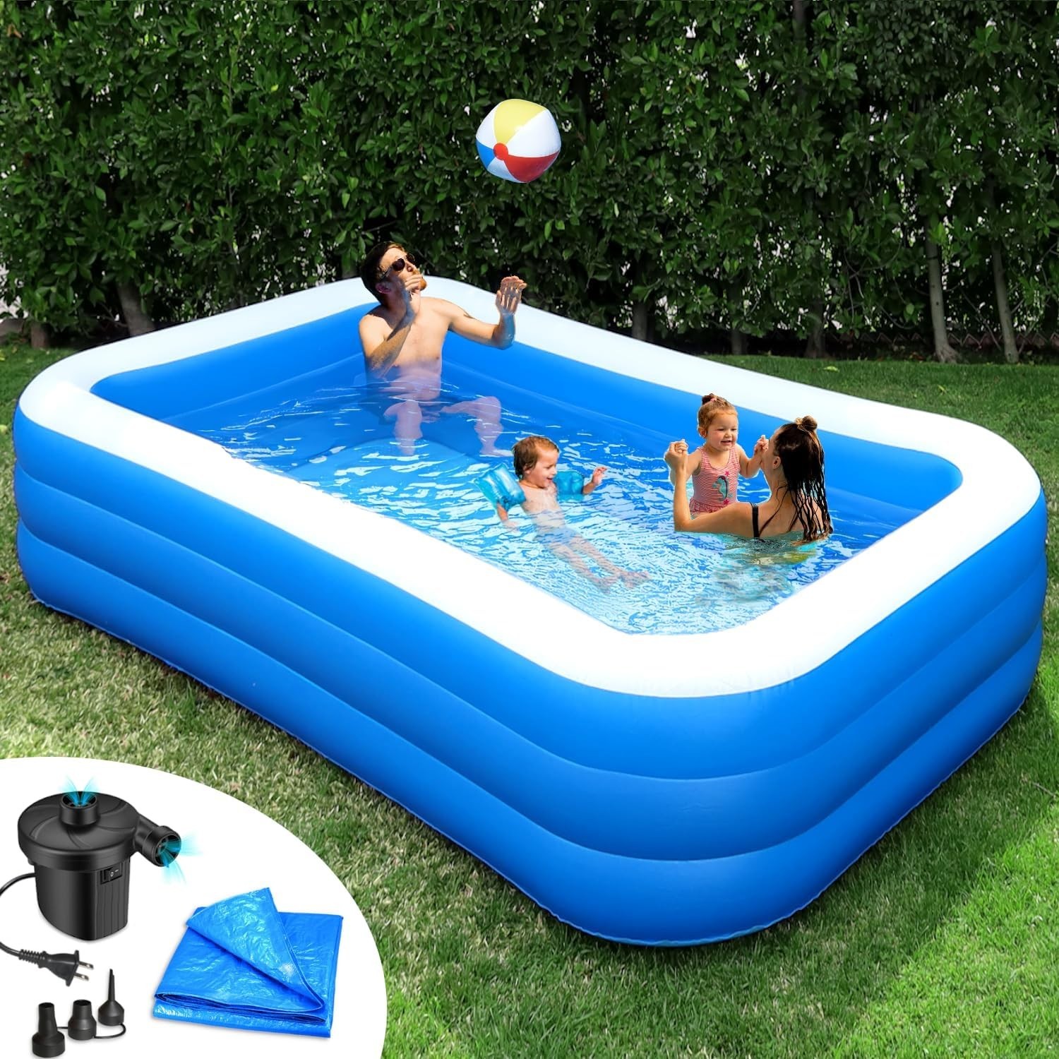 Inflatable Pool for Adults 10' x 6' - Bundle (Ground Tarp and Electric Pump Incl