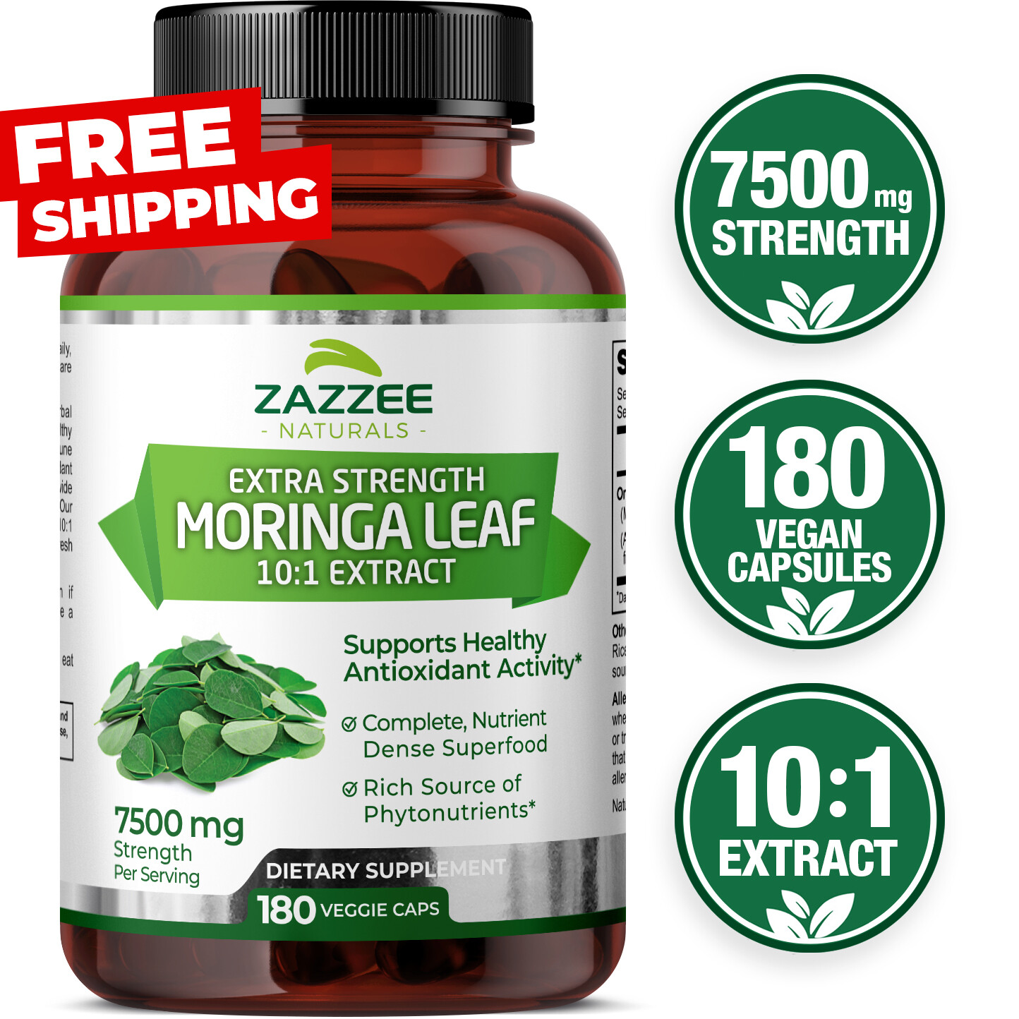 Zazzee Organic Moringa Extract 180 Capsules 7500 mg Strength 10:1 Antioxidant
